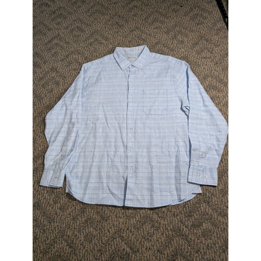 Tommy Bahama Barbados Breeze Stretch Mens Large Light Blue Plaid Button Down L